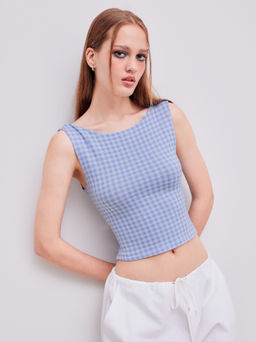 Cider - Boat Neck Gingham Bowknot Backless Crop Tank Top