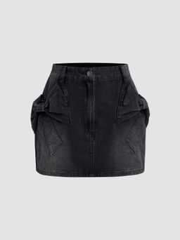 Cider - Denim Low Rise Solid Bowknot Mini Skirt