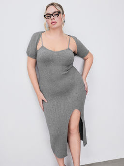 Cider - Knitted Solid Split Midi Dress & Short Sleeve Shrug Curve & Plus