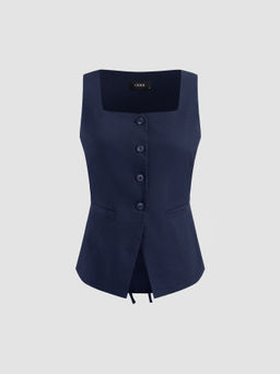 Cider - Woven Square Neck Solid Knotted Blazer Vest