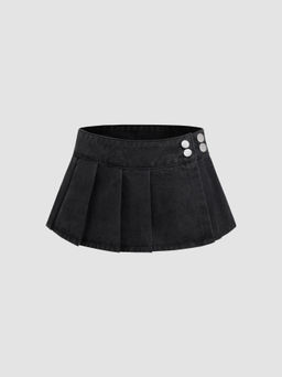Cider - Denim Low Rise Solid Pleated Micro Mini Skirt