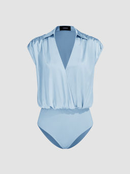 Cider - Satin V-neck Solid Ruched Sleeveless Shirt Bodysuit