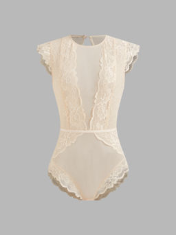Cider - Lace Round Neckline Solid Cut Out See-through Bodysuit