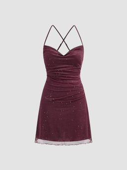 Cider - Mesh Cowl Neck Solid Sequin Mini Dress