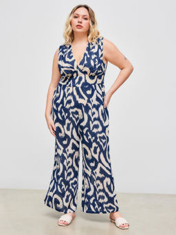 Cider - Woven V-neck Abstract Pocket Sleeveless Wide Leg Jumpsuit Curve & Plus