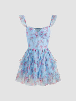 Cider - Tulle Corset Sweetheart Floral Layered Mini Dress