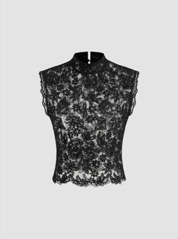 Cider - Lace Mandarin Collar Floral See-through Tank Top