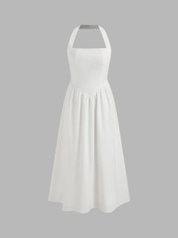 Cider - Linen-blend Halter Solid Ruffle Maxi Dress