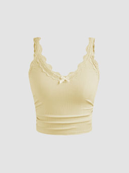 Cider - V-neck Bowknot Lace Cami Crop Top