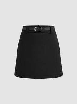Cider - Woven Mid Rise Solid Mini Skirt With Belt