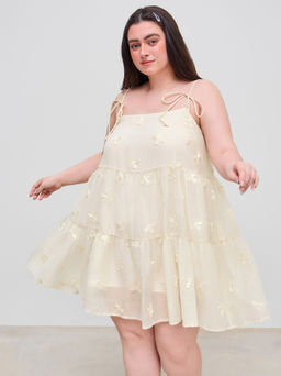 Cider - Square Neck Solid Bowknot Babydoll Mini Dress Curve & Plus