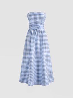 Cider - Tube Gingham Ruffle Shirred Zipper Midi Dress