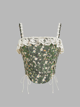 Cider - Square Neck Daisy Lace Up Corset Cami Top