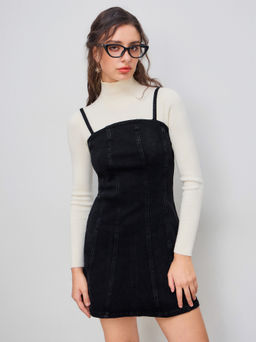 Cider - High Stretch Denim Solid Zipper Cami Mini Dress