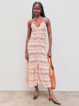 Cider - Lace V-neck Lettuce Trim Tiered Button Maxi Dress