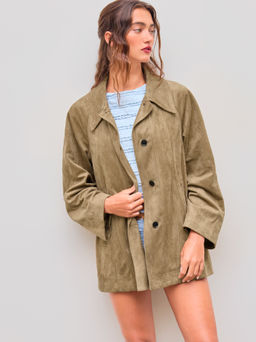 Cider - Suede Collar Solid Button Pocket Oversized Jacket