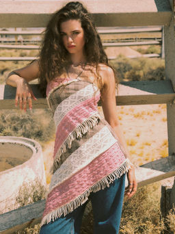 Cider - Tube Check Lace Fringe Lettuce Trim Colorblock Asymmetrical Hem Mini Dress