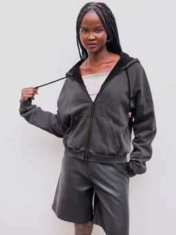 Cider - Terry Solid Washed Beaded Drawstring Pocket Zipper Hoodie