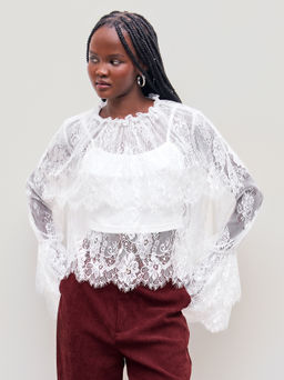 Cider - Lace High Neck Layered Long Sleeve Blouse With Solid Crop Cami Top