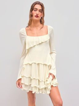 Cider - Square Neck Solid Ruffle Asymmetrical Hem Layered Mini Dress
