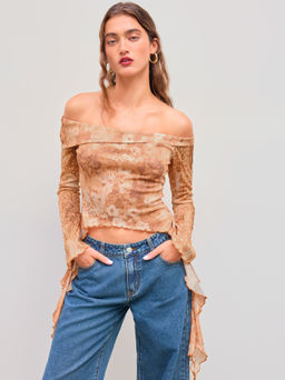 Cider - Cotton-blend Off-shoulder Floral Lettuce Trim Long Sleeve Top