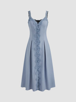 Cider - Linen-blend V-neck Solid Lace Trim Knotted Midi Dress