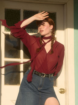 Cider - Chiffon V-neck Solid Ruffle Blouse Bodysuit With Scarf