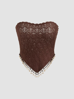 Cider - Knit Solid Beaded Fringe Lettuce Trim Crop Tube Top