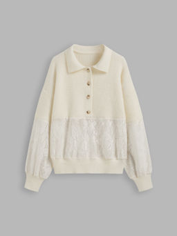 Cider - Knit Polo Solid Lace Patched Button Long Sleeve Top