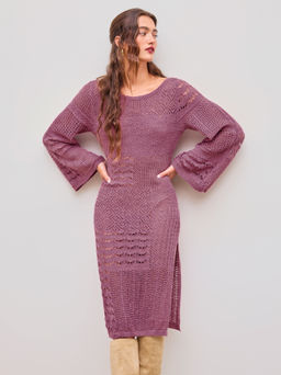 Cider - Knit Boat Neck Solid Hollow Out Split Midi Dress