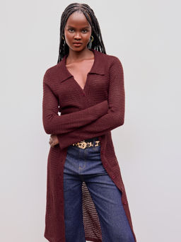 Cider - Knit Collar Solid Hollow Out Button Long Cardigan