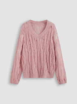 Cider - Wool-blend V-neck Solid Hollow Out Knit Long Sleeve Sweater