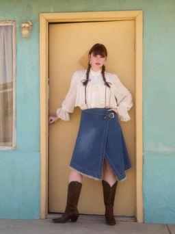 Cider - Denim Mid Rise Raw Hem Asymmetrical Belted Midi Skirt