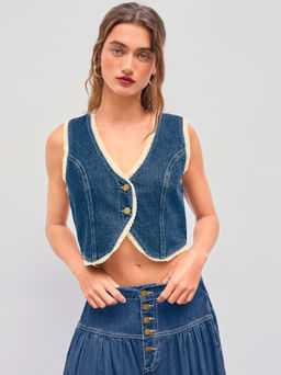Cider - Denim V-neck Solid Contrasting Binding Button Crop Vest