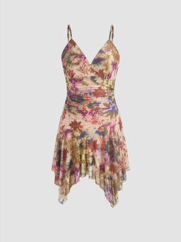 Cider - V-neck Abstract Floral Ruffle Mini Dress