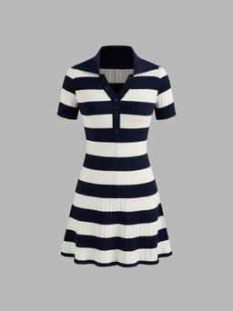 Cider - Knitted Collar Striped Button Mini Dress