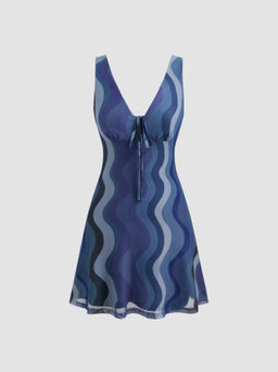 Cider - Mesh V-Neck Abstract Wave Knotted Mini Dress