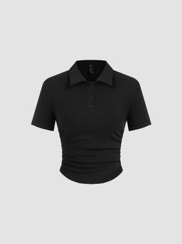 Cider - Cotton-blend Collar Solid Ruched Button Short Sleeve Top