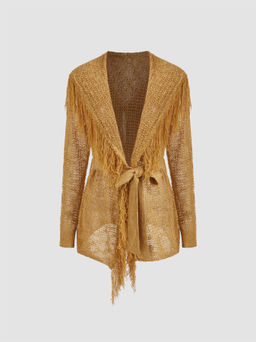 Cider - Knit V-neck Solid Fringe Hollow Out Knotted Cardigan