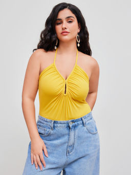 Cider - Halter Neckline Solid Ruched Bodysuit Curve & Plus