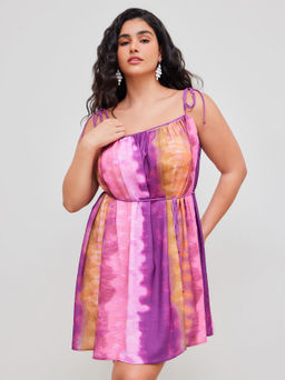 Cider - Round Neckline Colorblock Knotted Mini Dress Curve & Plus