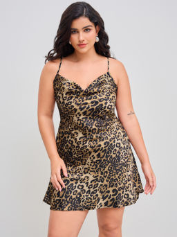 Cider - Satin Cowl Neck Leopard Mini Dress Curve & Plus