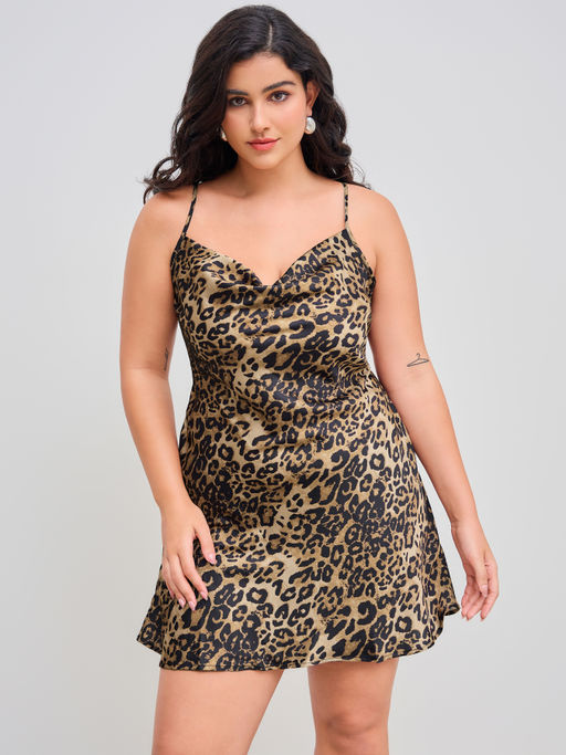 Cowl Neck Leopard Print Satin Mini Dress Boohoo ME