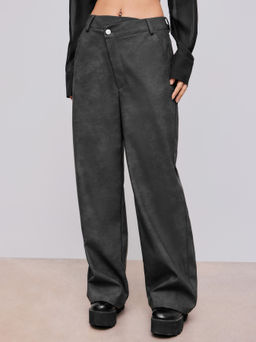 Cider - Faux Leather Mid Rise Solid Wide Leg Trousers