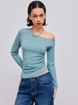 Cider - Asymmetrical Neck Solid Ruched Long Sleeve Top