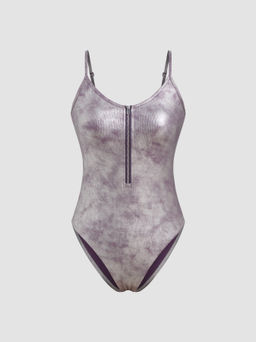 Cider - Metallic Scoop Neckline Solid Zipper Bodysuit