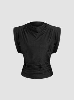 Cider - Boat Neck Solid Ruched Short Sleeve Top