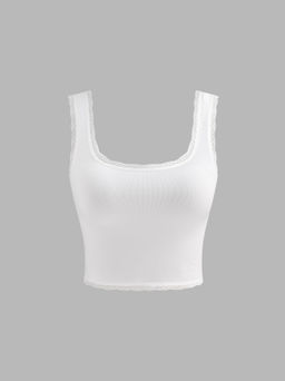 Cider - Seamless U-neckline Solid Lace Trim Crop Tank Top