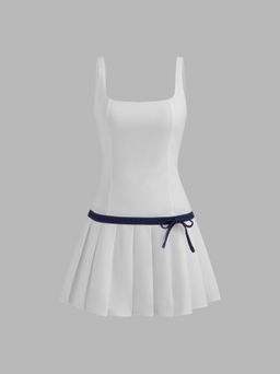 Cider - Square Neck Solid Bowknot Pleated Mini Dress