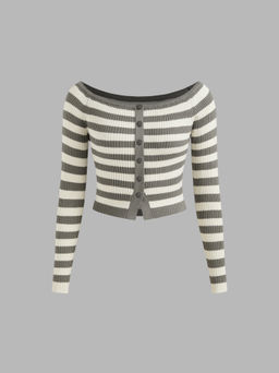 Cider - Knit Off-shoulder Striped Button Crop Long Sleeve Top